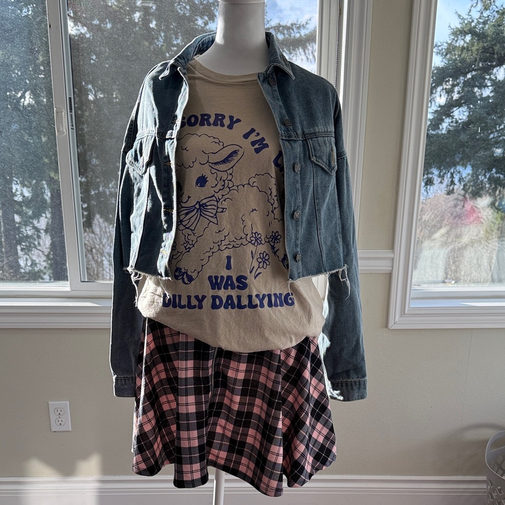 Entire Outfit- Denim Jacket with Graphic Tee and Plaid Skirt